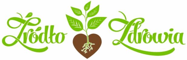 Logo 'Źródło Zdrowia' z zielonym napisem, brązowym sercem z korzeniami i zieloną rośliną wyrastającą z serca na białym tle.