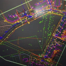 Cyfrowy plan działki z naniesionymi kolorowymi liniami i symbolami, wyświetlany na ekranie monitora.