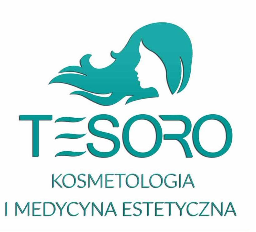 Logo firmy Tesoro Kosmetologia i Medycyna Estetyczna z turkusową sylwetką kobiety wplecioną w nazwę.