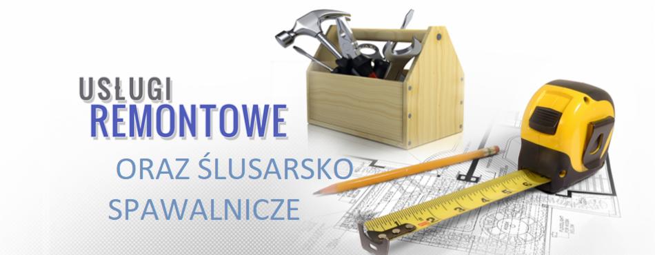 Grafika przedstawia narzędzia ślusarskie i remontowe: skrzynka z młotkiem i kluczami, żółta miarka zwinięta na planie technicznym, ołówek. Dodatkowo widoczny napis: Usługi remontowe...