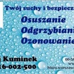 Karta wizytowa firmy TotalDry z ofertą osuszania, odgrzybiania i ozonowania, na tle kropli wody.