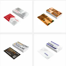 Zestawienie wizyt&oacute;wek firmowych r&oacute;żnych branż, ułożonych parami na białym tle, prezentujące r&oacute;żnorodne projekty graficzne i układy treści.