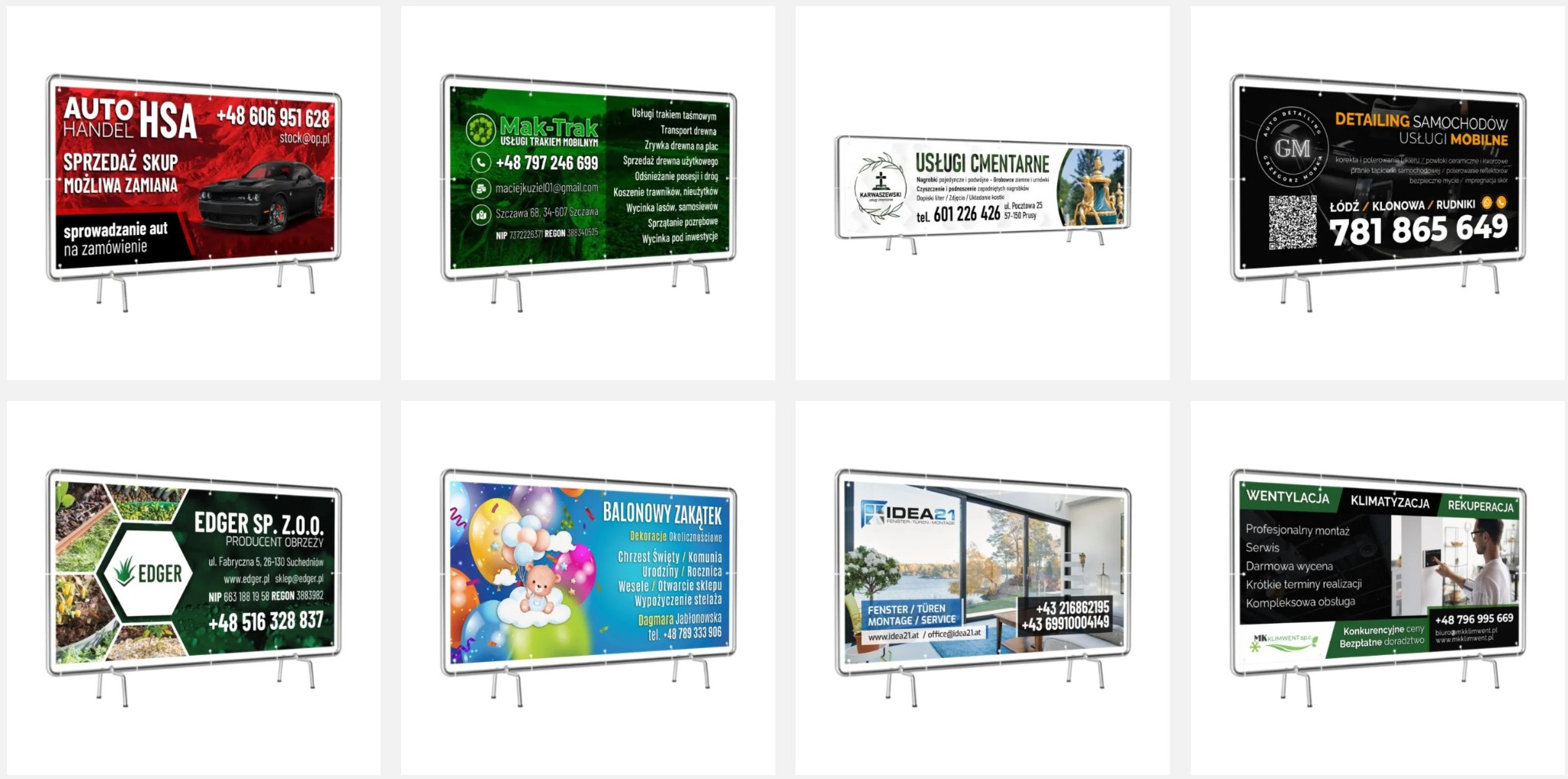 Zestaw banerów reklamowych różnych firm prezentujących swoje usługi, w tym sprzedaż samochodów, usługi trakiem mobilnym, usługi cmentarne, detailing samochodów, produkcja obrzeży, dekoracje...