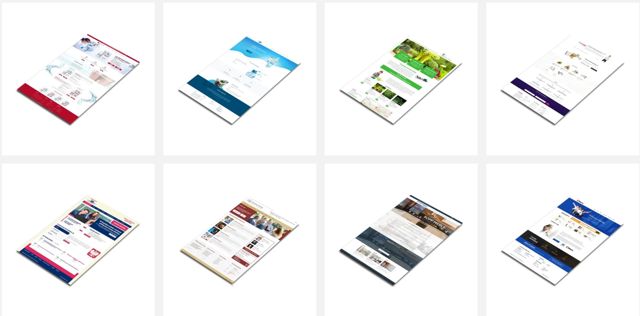 Kompilacja ośmiu różnych projektów stron internetowych, każdy z unikalnym układem i kolorystyką, prezentowanych pod kątem na białym tle, ukazujących różnorodność wizualną i tematyczną.