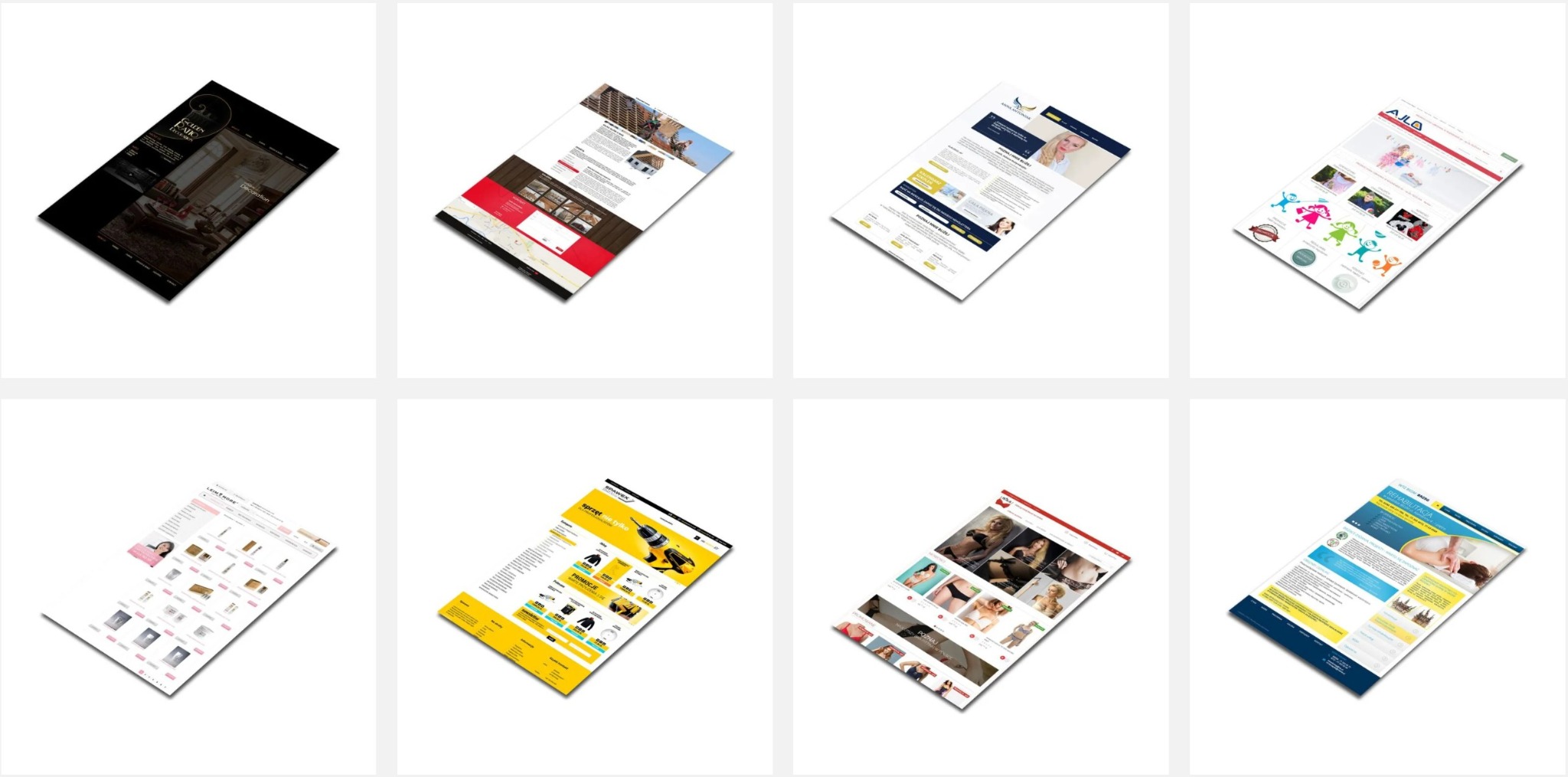 Kolekcja ośmiu projektów stron internetowych zaprezentowanych pod kątem na białym tle, ukazujących różnorodność stylów i branż, od eleganckiego designu wnętrz po rehabilitację i e-commerce.