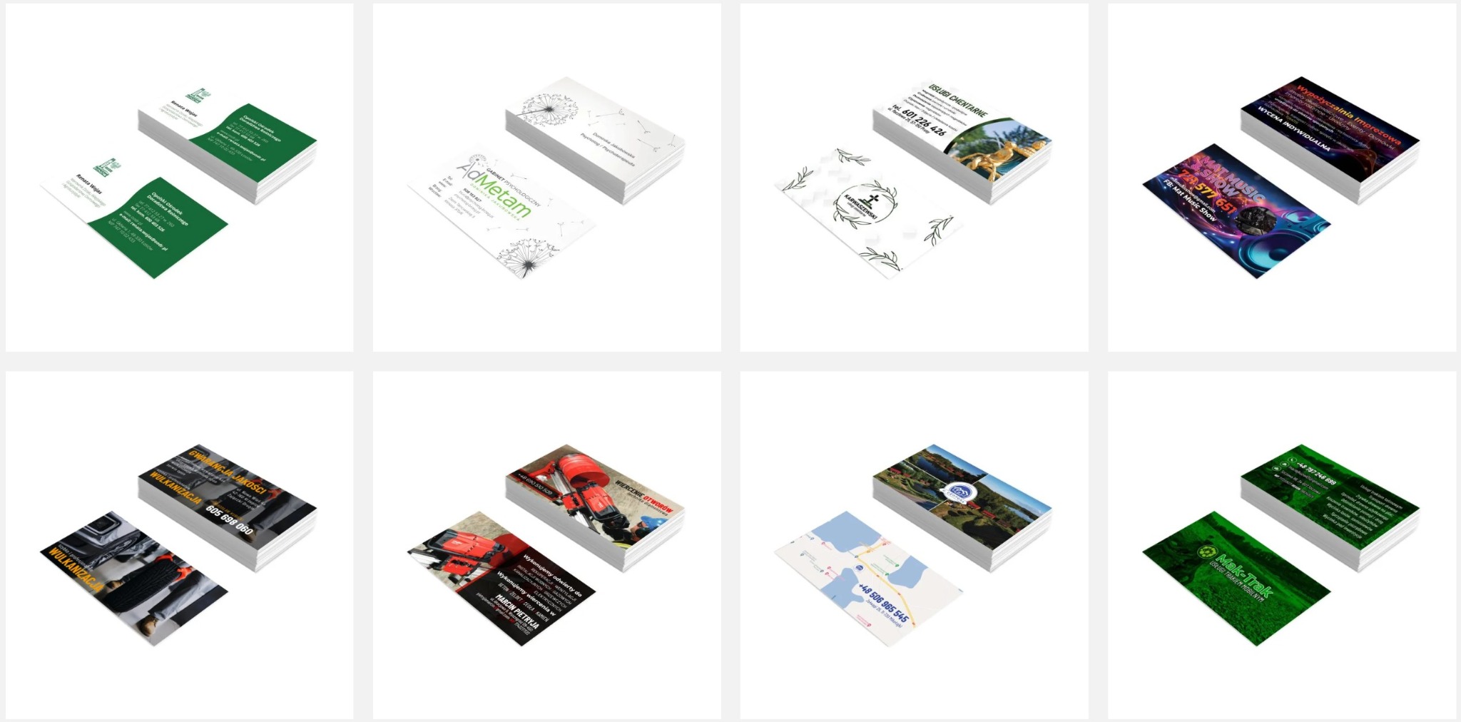 Zestawienie wizytówek firmowych z różnymi projektami graficznymi, ułożonych w stosy na białym tle, prezentujących usługi w branżach: rolniczej, psychologicznej, wulkanizacyjnej, cmentarnej...