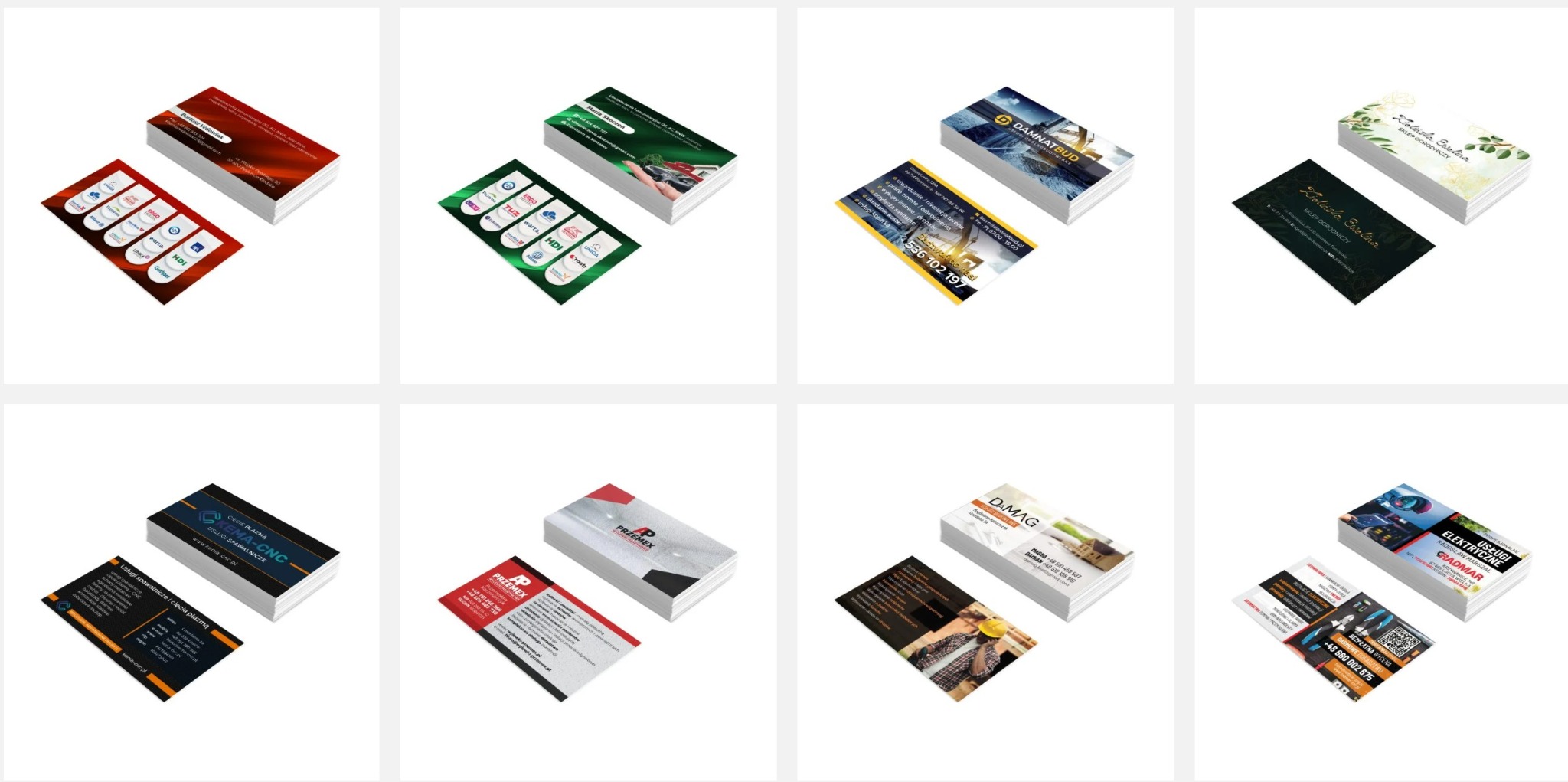 Zestaw ośmiu par wizytówek firmowych o różnej stylistyce i kolorystyce, ułożonych na białym tle pod kątem, prezentujących dane kontaktowe i logo firm z różnych branż.