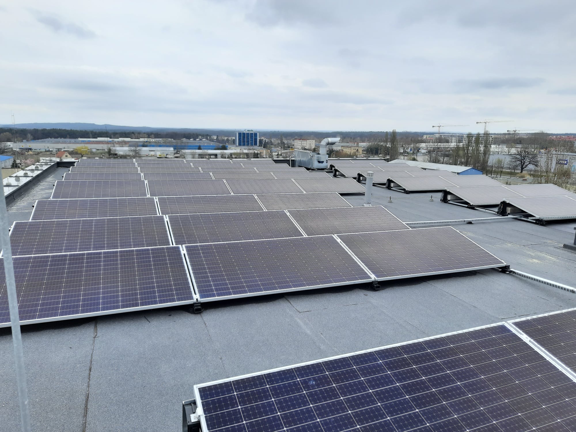 Rząd paneli słonecznych na płaskim dachu budynku przemysłowego w pochmurny dzień, widoczne elementy wentylacyjne i panorama miasta w tle.