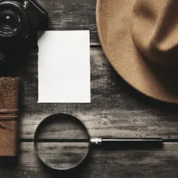 Biurko z ciemnego drewna z lupą, notatnikiem w skórzanej oprawie, aparatem fotograficznym, kartką papieru z postrzępionymi brzegami i fedorą w kolorze beżowym