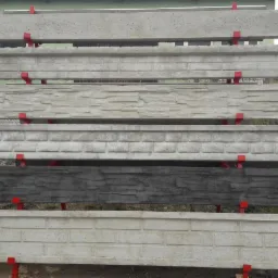 Prezentacja r&oacute;żnych wzor&oacute;w prefabrykowanych element&oacute;w betonowych imitujących cegłę i kamień, ułożonych na czerwonym stojaku.