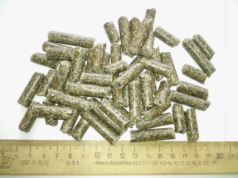 Brykiety z biomasy na białym tle, obok linijka wskazująca wymiary.