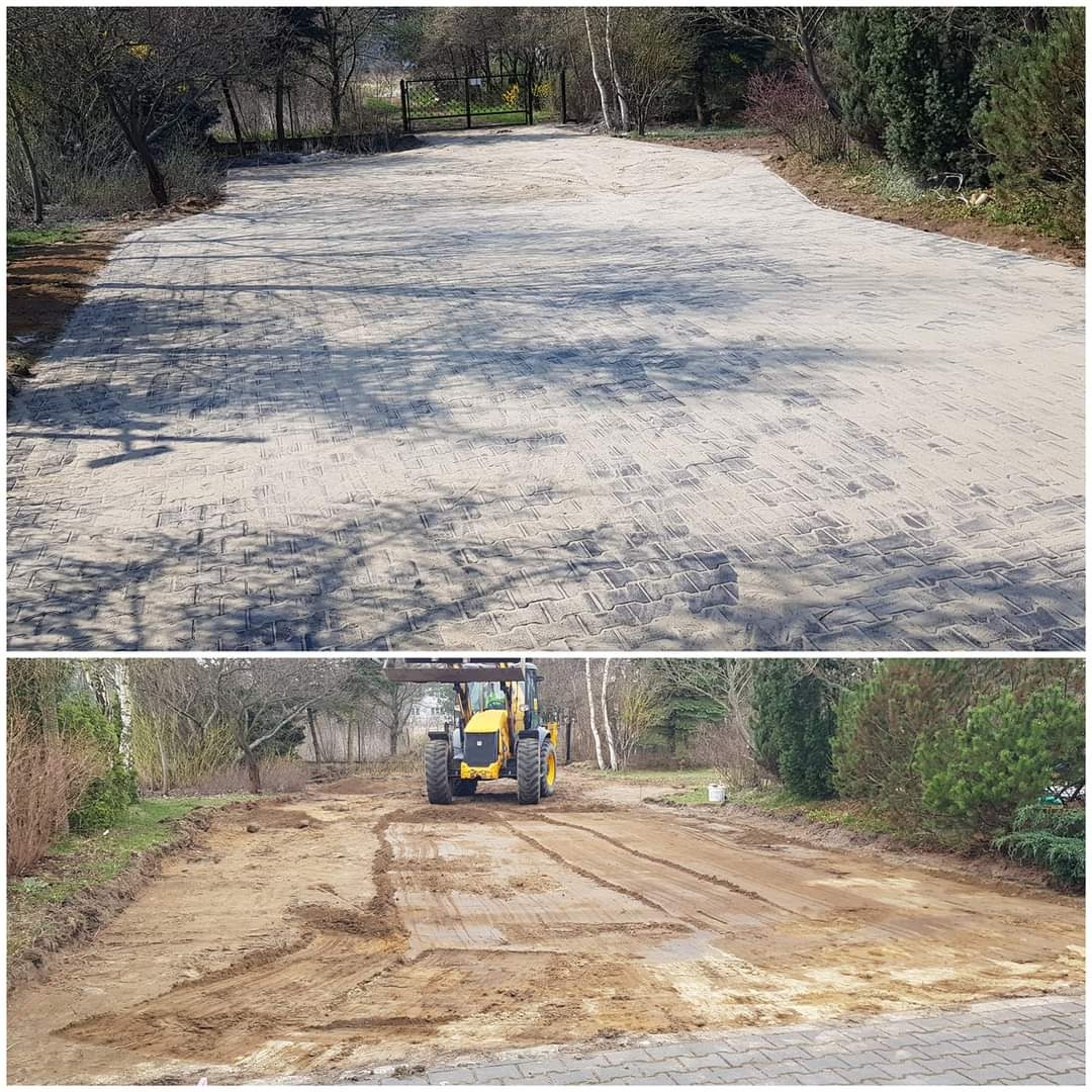 Dwuetapowy widok: ułożona jasnoszara kostka brukowa na podjeździe w górnej części zdjęcia, a w dolnej - przygotowanie terenu pod kostkę z użyciem traktora.