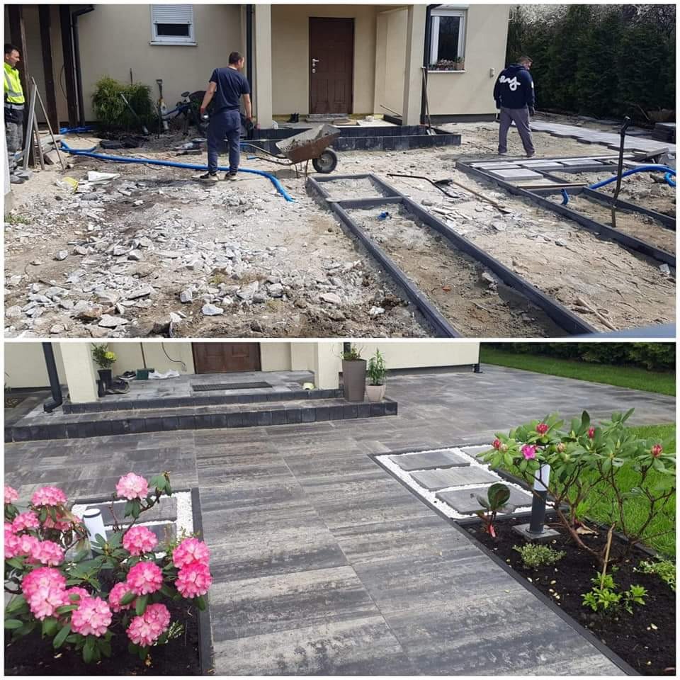 Porównanie stanu przed i po ułożeniu szarej kostki brukowej na podjeździe przed domem; widoczne przygotowane podłoże, rama obrzeża i pracownicy w trakcie prac oraz efekt końcowy z roślinami...
