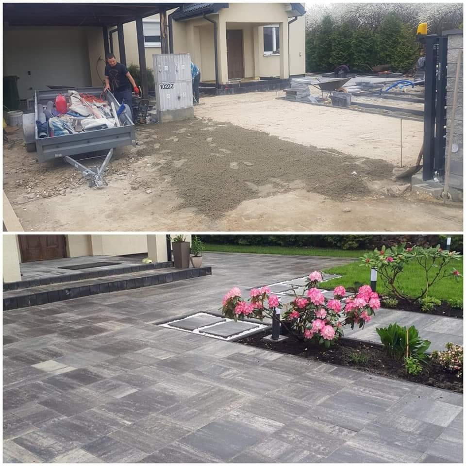 Porównanie stanu przed i po ułożeniu szarej kostki brukowej na podjeździe domu jednorodzinnego z elementami dekoracyjnymi w postaci rabat kwiatowych.
