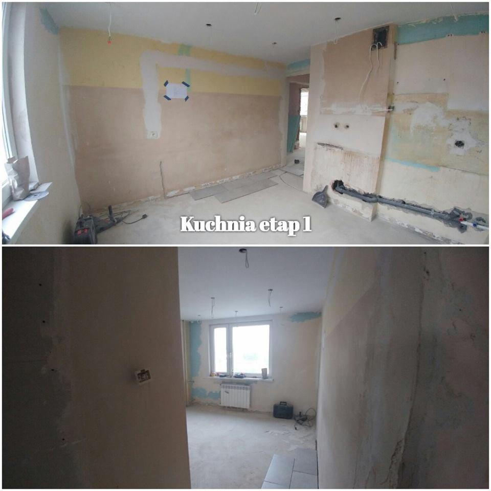 Dwa ujęcia kuchni w trakcie remontu: ściany częściowo otynkowane, widoczne instalacje, na podłodze płytki przed ułożeniem, okno z grzejnikiem, surowe oświetlenie.