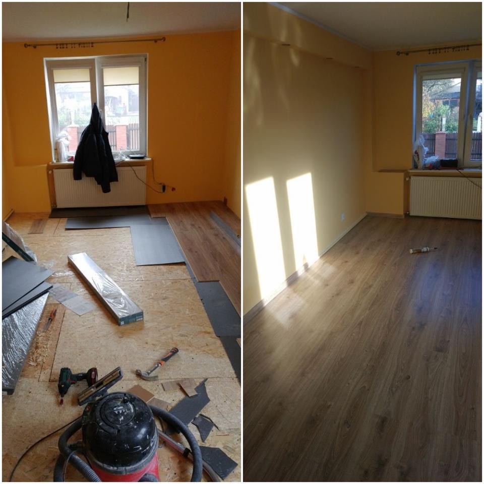 1) Zerwanie starej podłogi 2) Poziomowanie płytą OSB 3) Położenie paneli i listw przypodłogowych