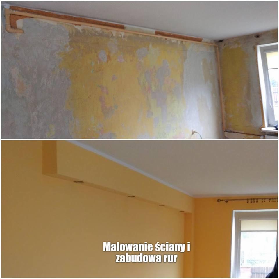 Porównanie stanu ściany przed i po remoncie: od zerwanych tynków i widocznych rur, do gładkiej, pomalowanej powierzchni z zabudową rur i zamontowanymi halogenami w suficie.