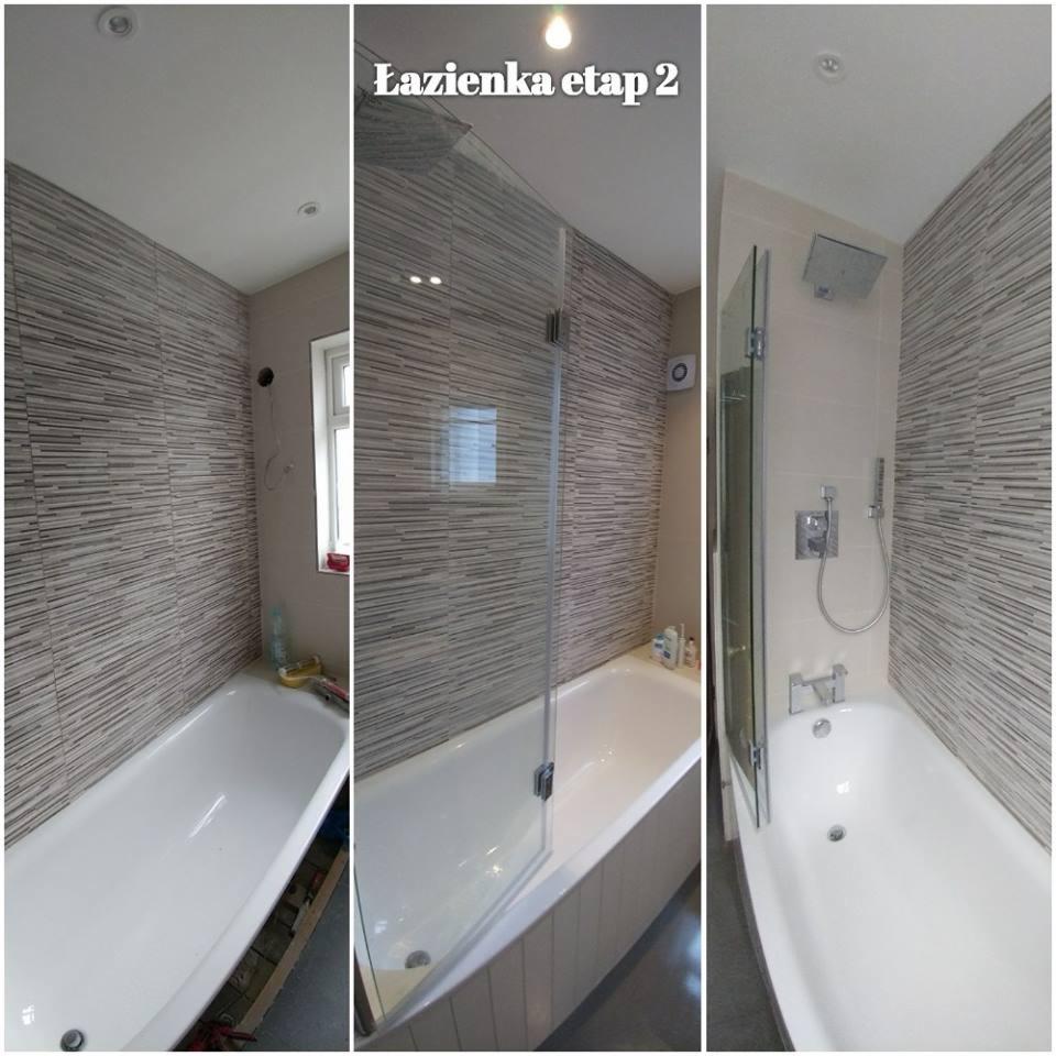 Kompilacja zdjęć przedstawiająca etapy montażu szklanego parawanu nawannowego w łazience z mozaikową okładziną ścienną, widoczne elementy armatury i oświetlenia.