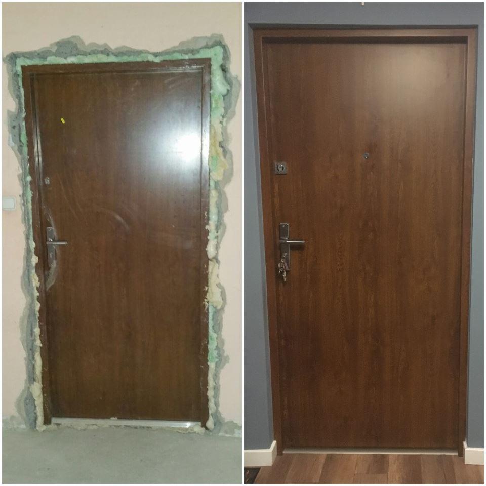 Demontaż starych drzwi i poszerzenie otworu drzwiowego, montaż nowych drzwi.