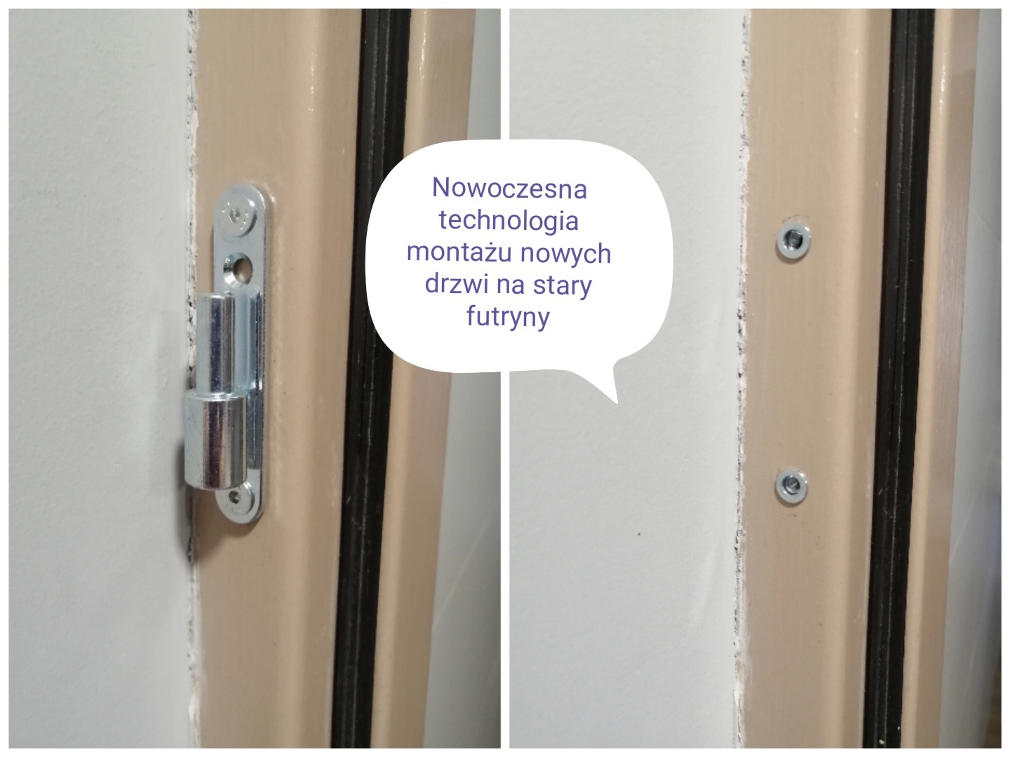 Szczegółowe ujęcie zawiasu drzwiowego montowanego na ościeżnicy, z widocznymi śrubami mocującymi, demonstrujące nowoczesną technologię montażu nowych drzwi na starej futrynie.