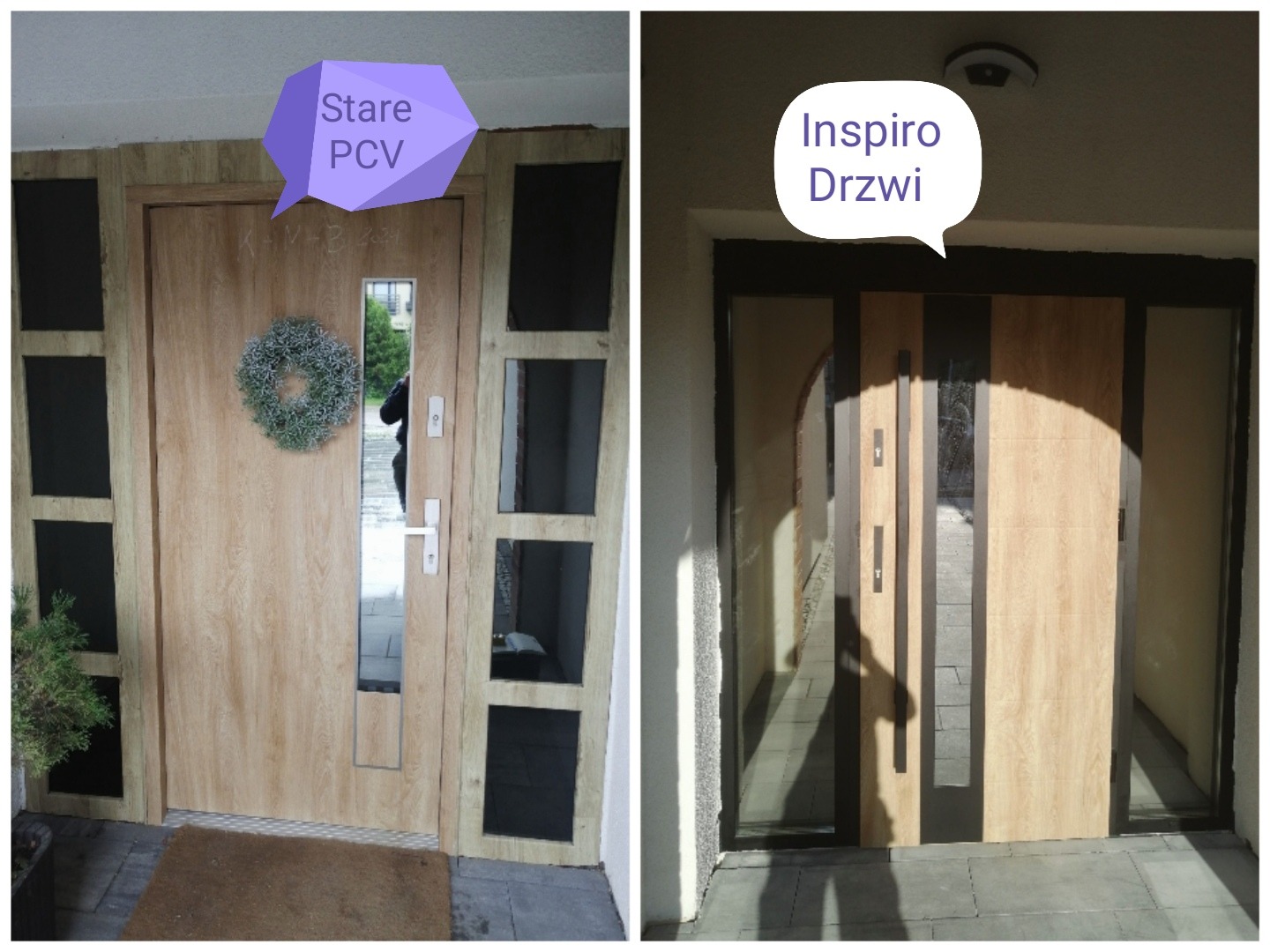 Porównanie dwóch różnych modeli drzwi wejściowych: po lewej drzwi z jasnego drewna z wkomponowanym lustrem i dekoracyjnym wieńcem, po prawej nowoczesne drzwi z elementami szkła i ciemnymi akcentami...