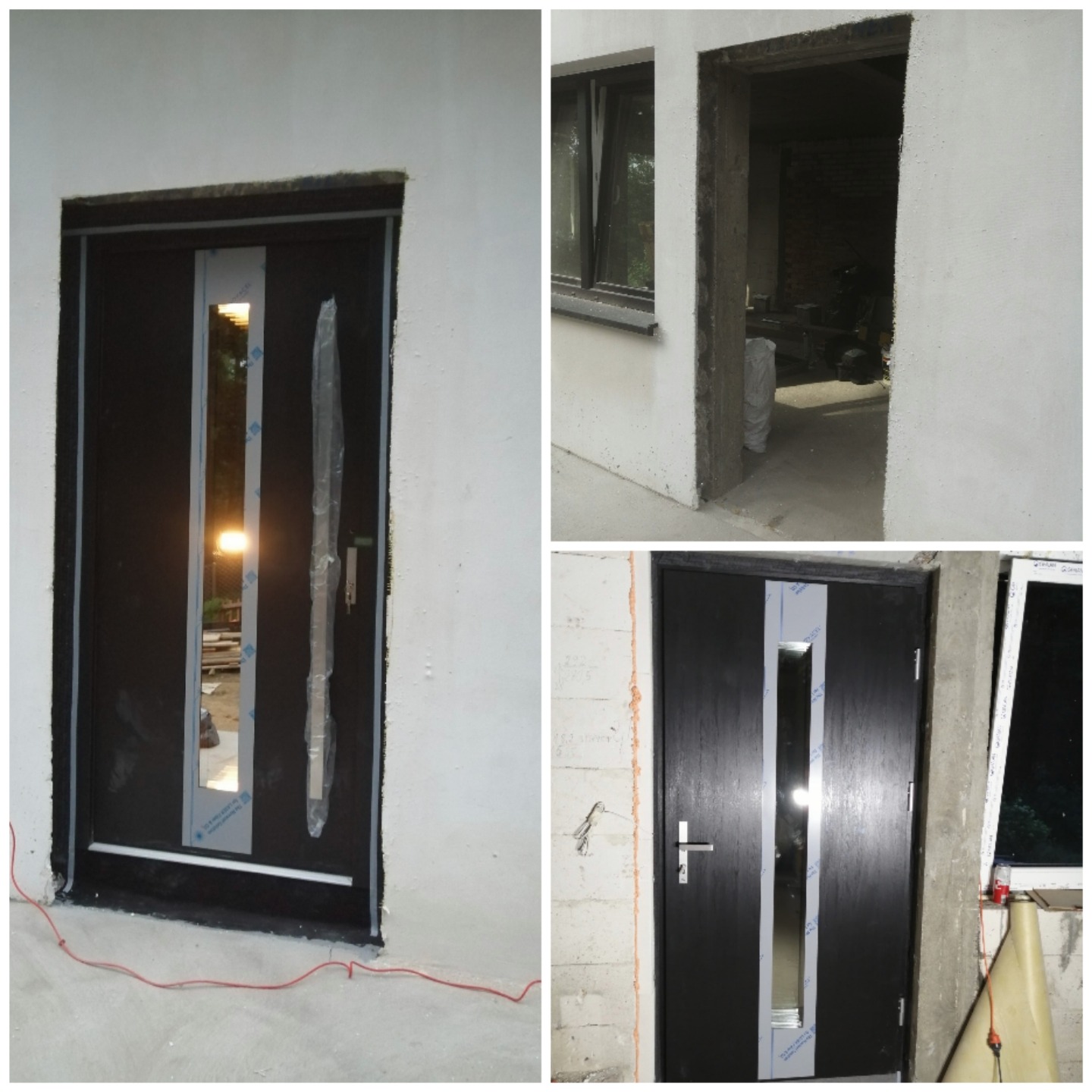 Ciemne drzwi wejściowe z wąskim przeszkleniem, częściowo zabezpieczone folią ochronną, osadzone w surowym otworze w ścianie z widocznymi śladami montażu, z czerwonym kablem leżącym na podłodze.