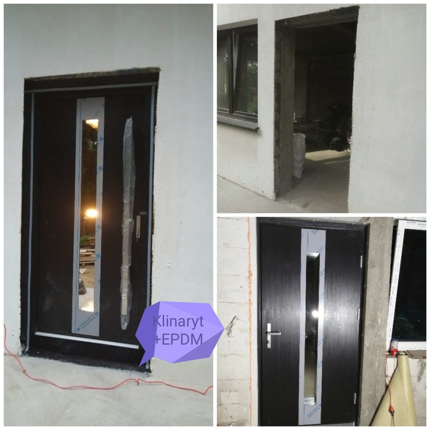 Czarna, częściowo oklejona folią ochronną, zewnętrzna drzwi z szybą, osadzona w surowym otworze ściany budynku w trakcie montażu, widoczne kable i niedokończone wykończenie.
