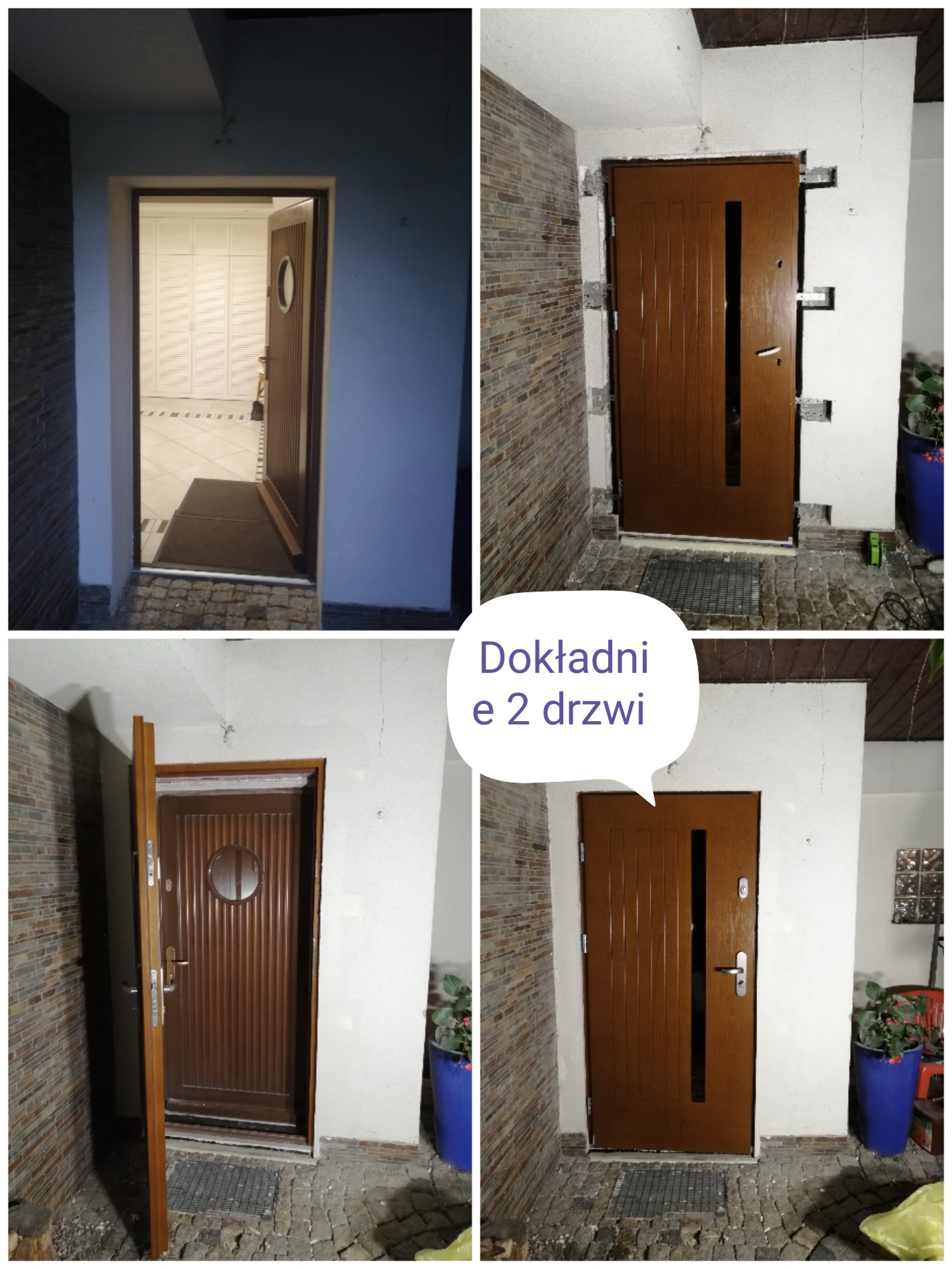 Cztery ujęcia brązowych drzwi zewnętrznych: jedne otwarte ukazują białe szafy wnękowe, drugie w trakcie montażu z widocznymi elementami mocującymi, kolejne częściowo otwarte z okrągłym okienkiem...