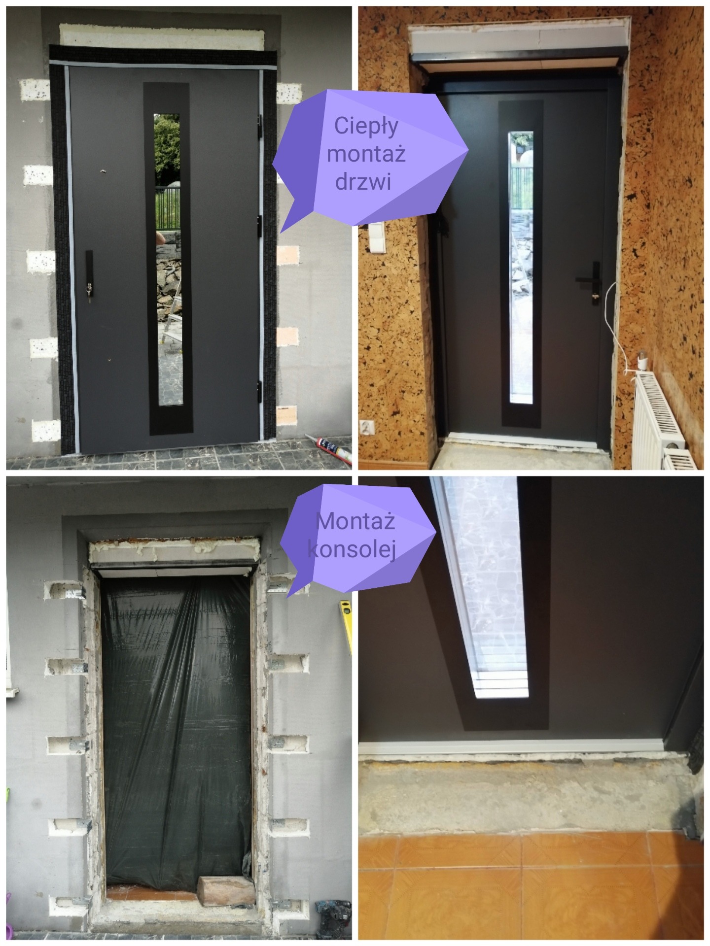 Cztery ujęcia z montażu nowoczesnych drzwi zewnętrznych z podłużnym przeszkleniem: widok drzwi z pianką montażową, drzwi zamontowane w ościeżnicy, przygotowanie otworu z folią ochronną i widok...