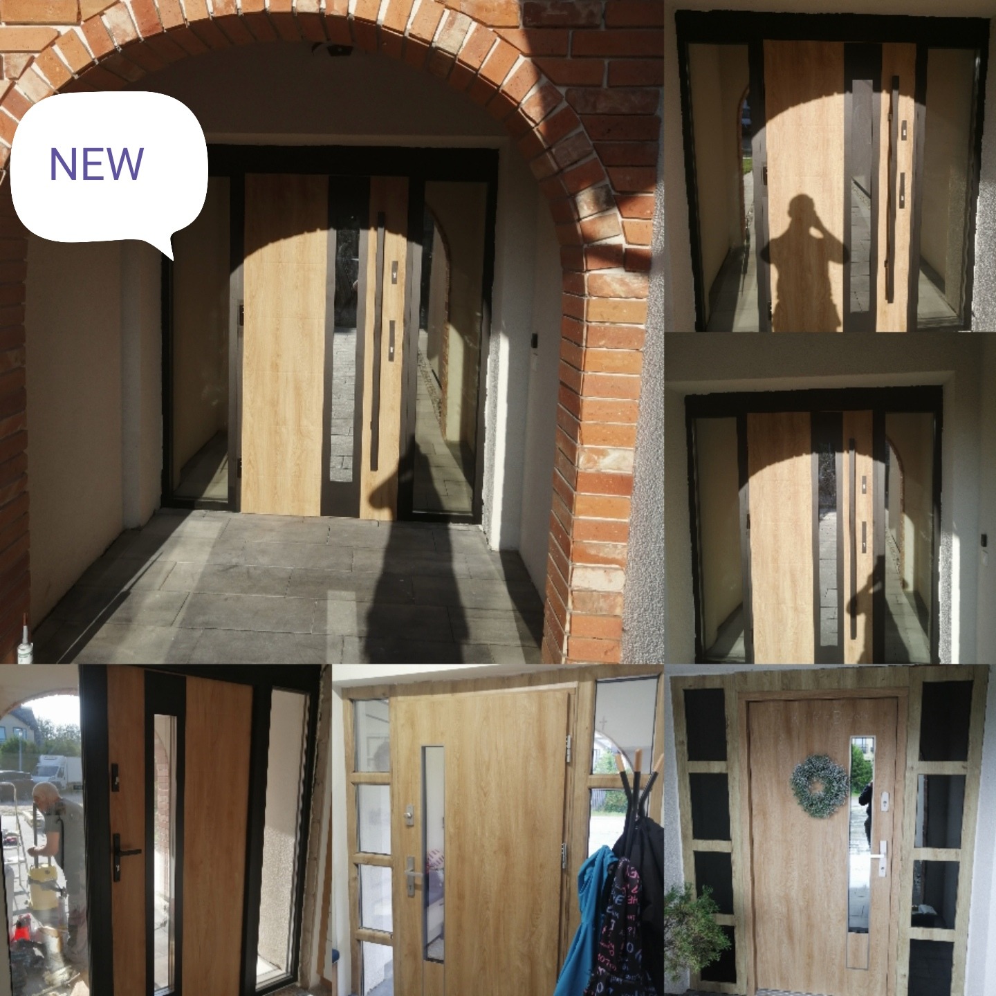 Kompozycja zdjęć prezentująca nowoczesne drzwi wejściowe z elementami szkła i drewnopodobną okleiną, widoczne w różnych ujęciach, w tym z perspektywy wejścia z ceglanym łukiem oraz detalami...