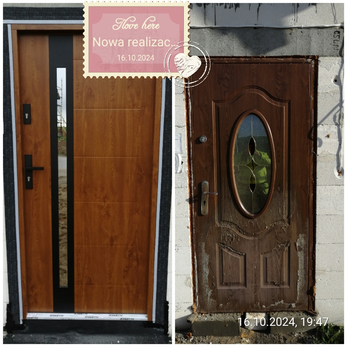 Porównanie dwóch brązowych drzwi wejściowych: nowoczesne z przeszkleniem i starsze, zniszczone, z owalnym oknem.