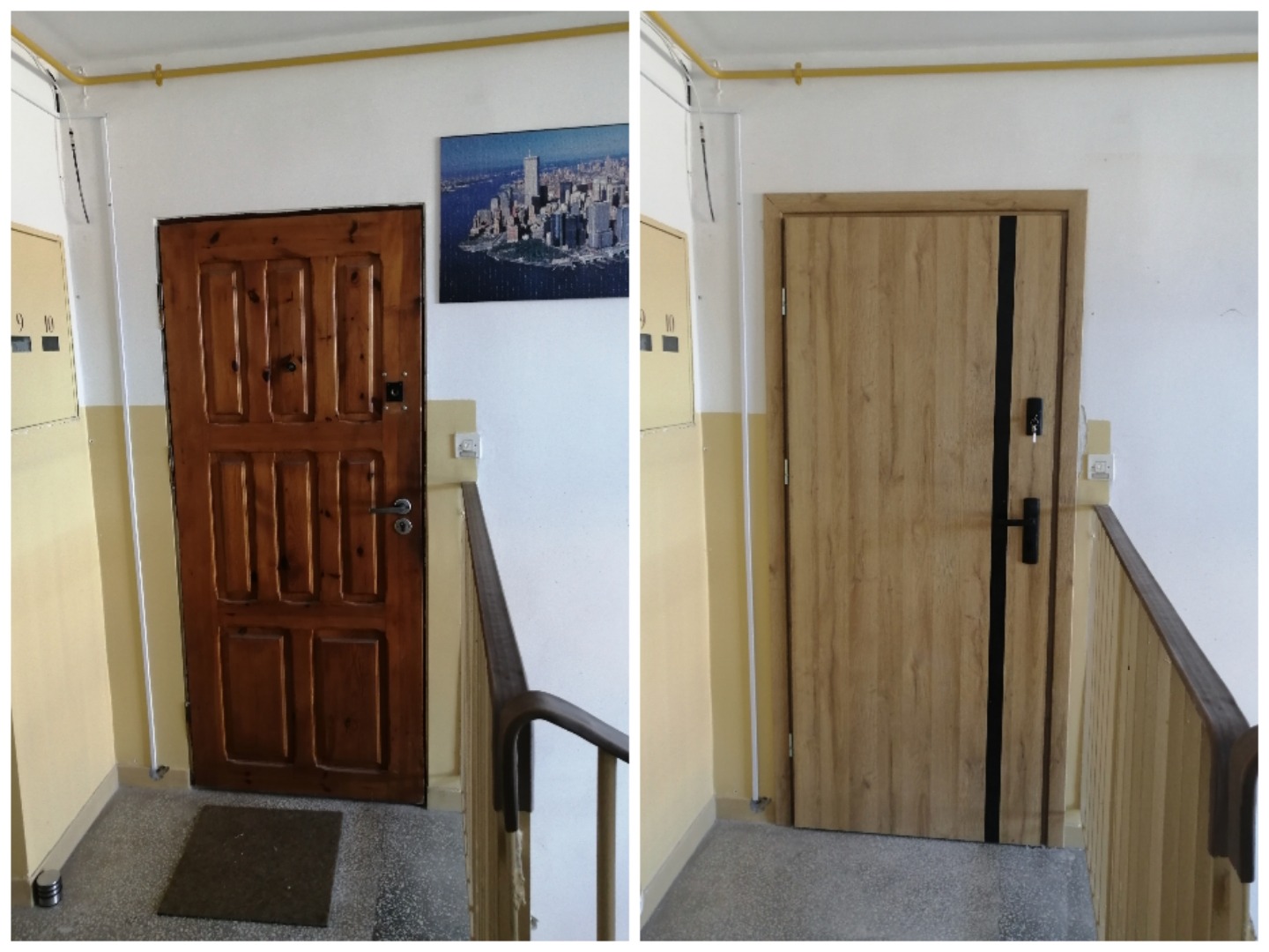 Porównanie: Stare, drewniane drzwi wejściowe z brązowymi panelami obok nowych, jasnych drzwi z okleiną imitującą drewno i czarnym pionowym paskiem, widoczne na klatce schodowej.