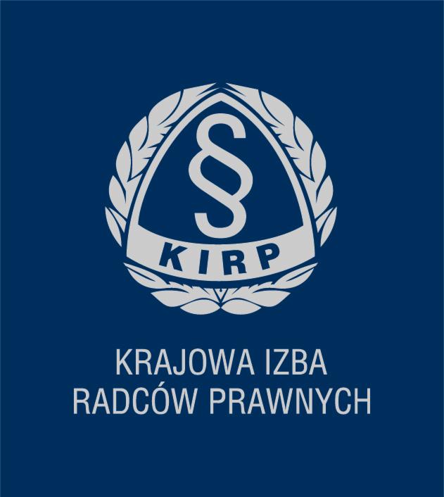 Logo Krajowej Izby Radców Prawnych (KIRP) na granatowym tle, z symbolem paragrafu w wieńcu laurowym.