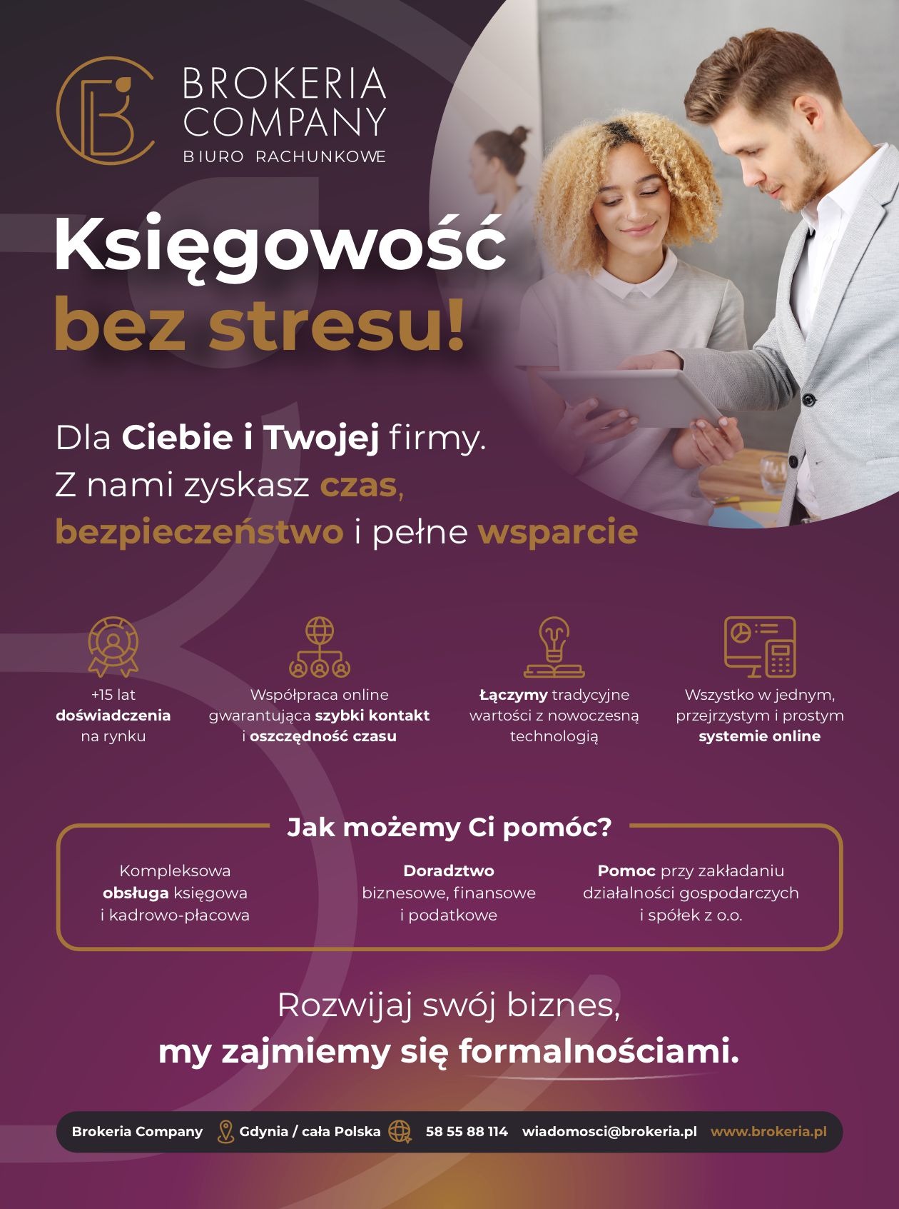Mężczyzna w szarej marynarce i kobieta z kręconymi włosami analizują dane na tablecie, w tle logo biura rachunkowego Brokeria Company i hasło 'Księgowość bez stresu!'