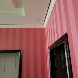 Różowe ściany w pionowe pasy z czarnymi futrynami drzwiowymi i białym sufitem z ozdobnym wykończeniem.