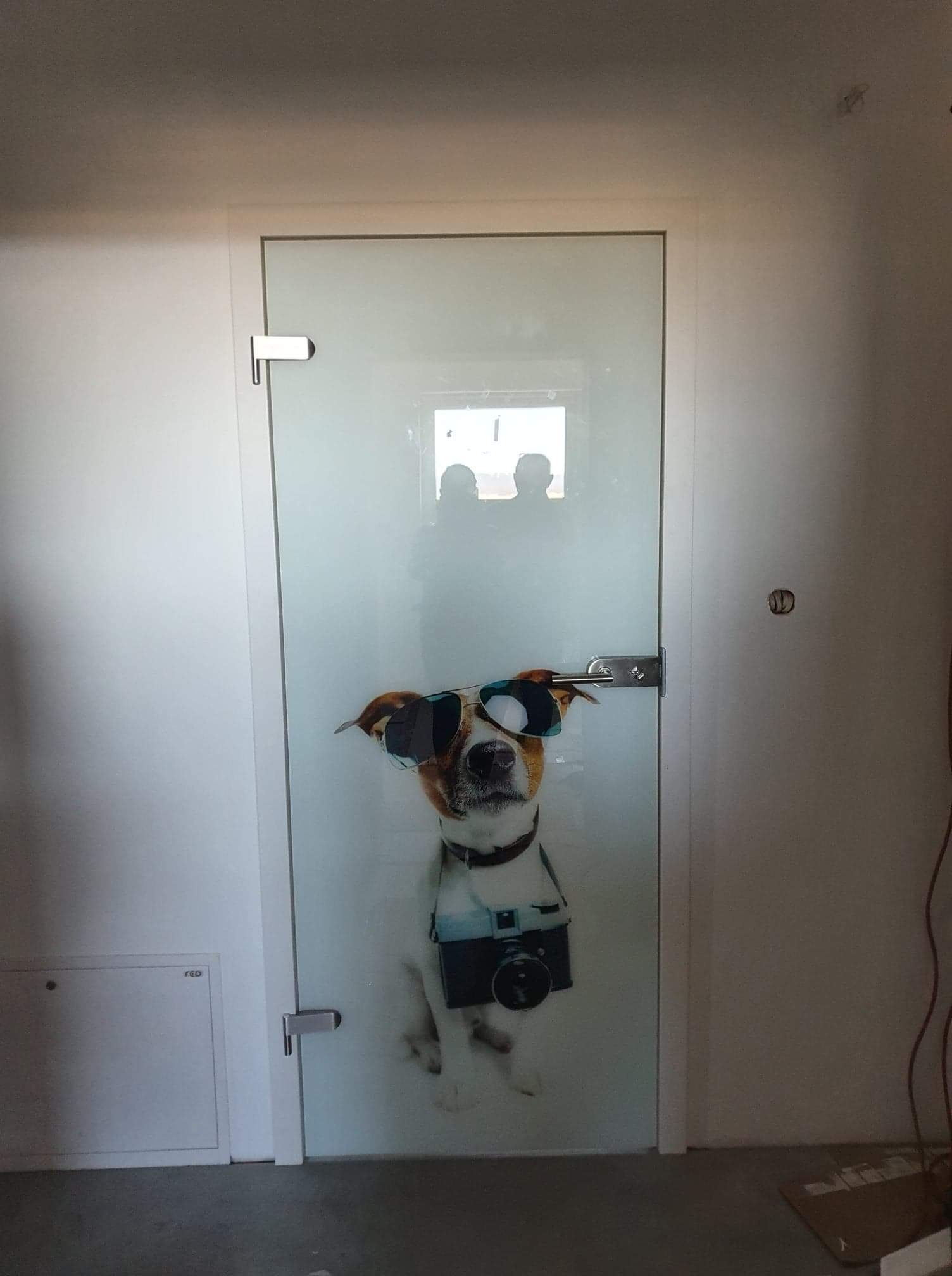 Białe drzwi wewnętrzne z nadrukiem psa w okularach i z aparatem, zamontowane na zawiasach w surowym wnętrzu z widocznymi przewodami.
