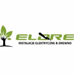 Logo firmy ELDRE z symbolem drzewa, zielonym napisem i informacją o instalacjach elektrycznych oraz drewnie.