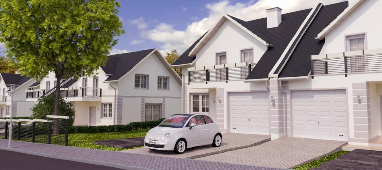 Wizualizacja osiedla domów jednorodzinnych z garażami, białymi elewacjami i ciemnymi dachami, z białym samochodem Fiat 500 zaparkowanym przed jednym z budynków.