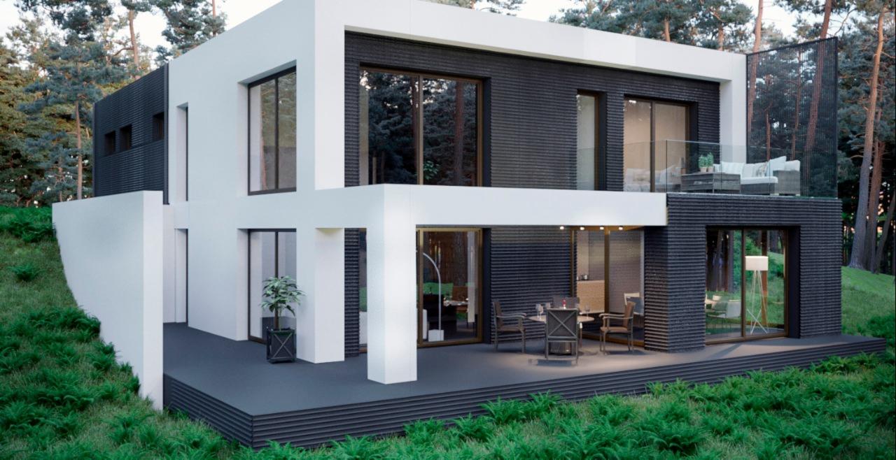 Nowoczesny dwukondygnacyjny dom z płaskim dachem, białą elewacją i ciemnoszarą okładziną z desek, z dużymi przesuwnymi oknami, tarasem na parterze z meblami ogrodowymi i balkonem na piętrze z sofą...