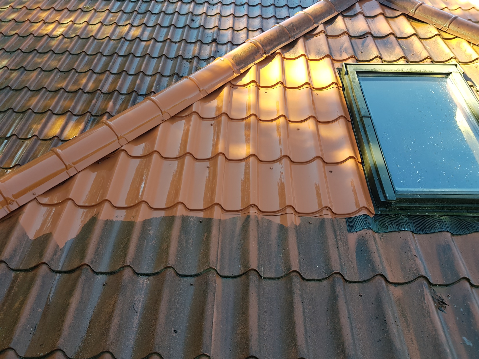 Częściowo wyczyszczony, brązowy dach z dachówki ceramicznej, widoczne okno dachowe z kroplami wody, kontrast między czystą a zabrudzoną powierzchnią dachu.