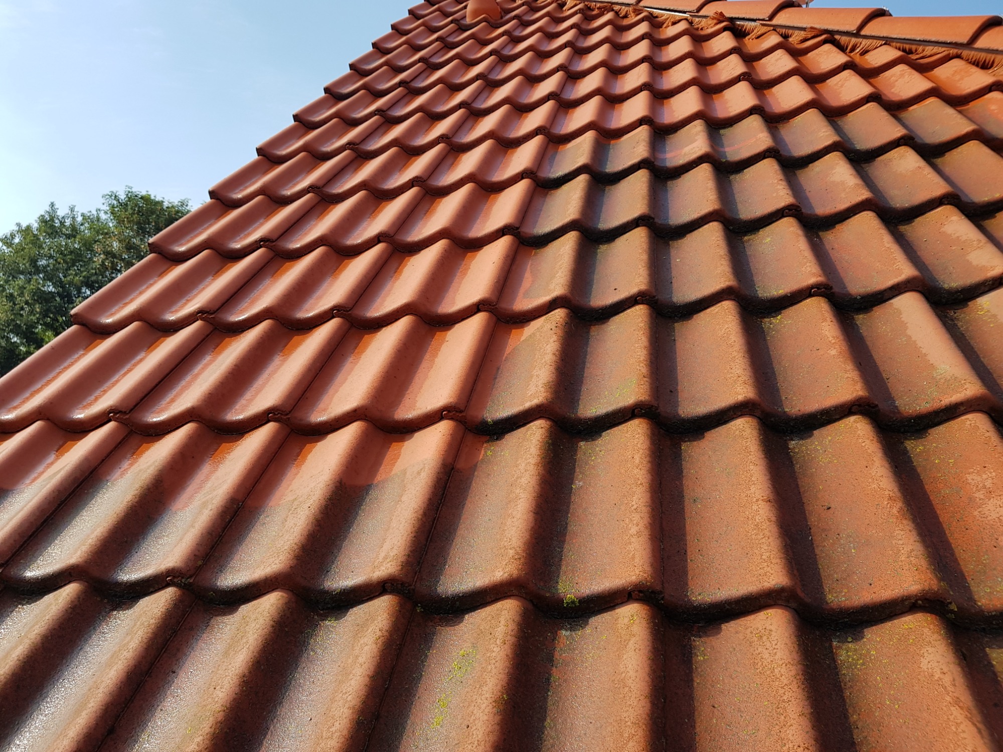 Czerwona dachówka ceramiczna, częściowo umyta, z widocznymi śladami zabrudzeń i mchu w zagłębieniach, na tle błękitnego nieba i zieleni drzew.