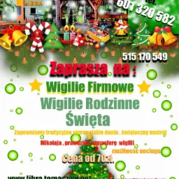 Plakat reklamowy Pensjonatu Libra nad Zalewem Sulejowskim, zapraszający na wigilie firmowe, rodzinne i święta, z informacją o tradycyjnych daniach i możliwości noclegu, ozdobiony świątecznymi...