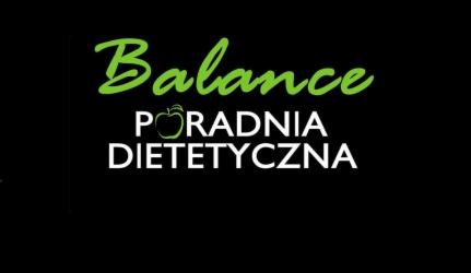 Logo poradni z zielonym napisem 'Balance' i białym 'Poradnia Dietetyczna' na czarnym tle, z symbolem jabłka.