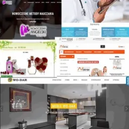 Kompozycja zrzutów ekranu różnych stron internetowych: szkoła językowa, sklep z prezentami, strona medyczna, sklep z artykułami biurowymi i strona z meblami.