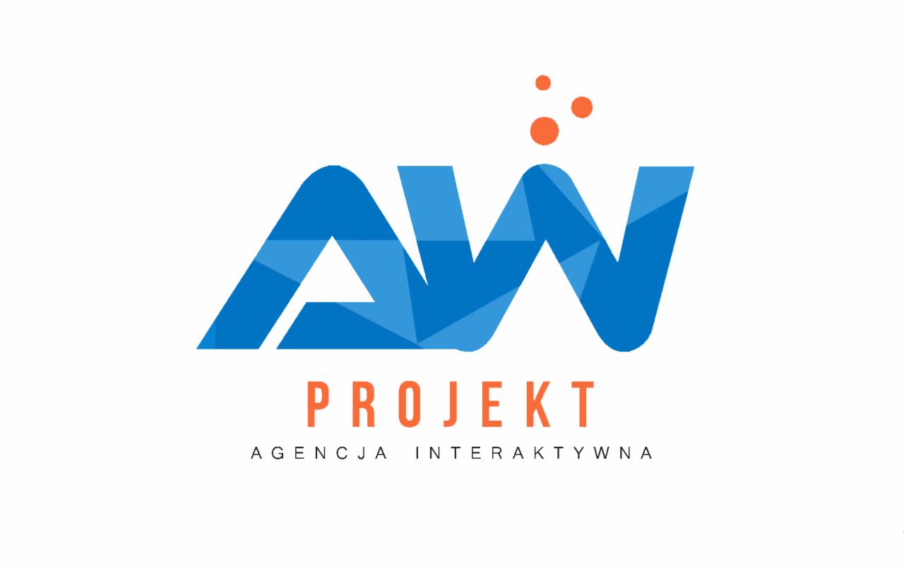 Logo firmy 'AW Projekt Agencja Interaktywna' z niebieskim geometrycznym symbolem AW i pomarańczowymi akcentami.