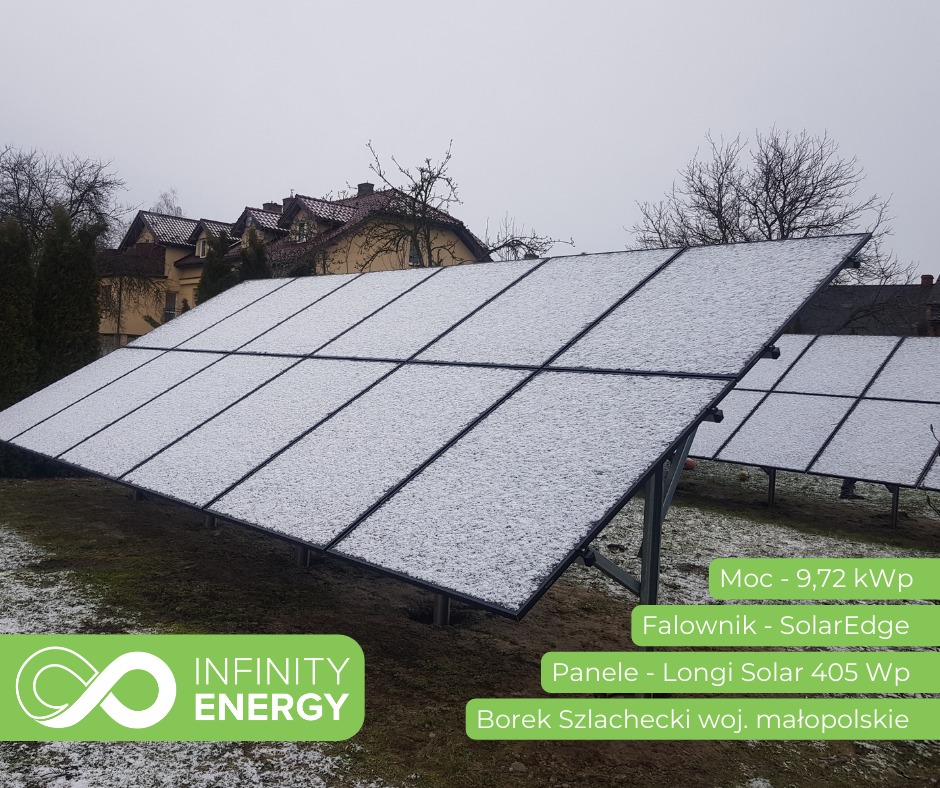 Instalacja paneli fotowoltaicznych Longi Solar 405 Wp o mocy 9,72 kWp z falownikiem SolarEdge, pokrytych lekkim śniegiem, na tle drzew i domu w Borku Szlacheckim.