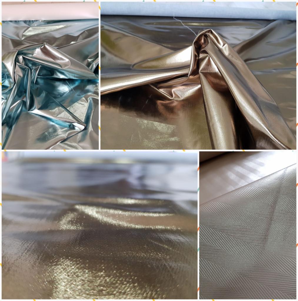 Kompozycja z czterech ujęć metalicznej tkaniny: turkusowa, złota pognieciona, złota gładka z refleksami i złota w subtelny wzór jodełki.