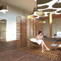 Wnętrze poczekalni lub salonu spa z drewnianą ażurową ścianką działową, oryginalnym oświetleniem i siedzącą kobietą z filiżanką.