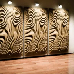 Trzy drewniane panele ścienne z trójwymiarowym, abstrakcyjnym wzorem w odcieniach brązu, oświetlone punktowo, z parkietem na podłodze, uzupełnione roślinami doniczkowymi.