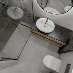 Wizualizacja łazienki z kabiną prysznicową, owalną umywalką na szafce z drewnopodobnymi frontami, podświetlanym okrągłym lustrem i wiszącą toaletą, widok z góry.